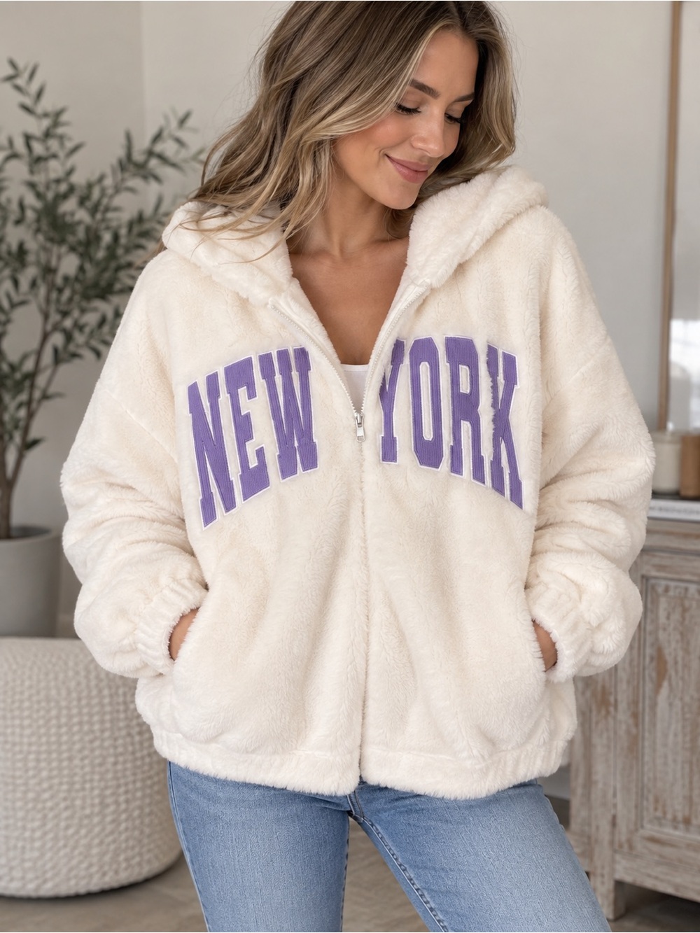 Rue21 New York Cozy Faux Fur Zip-Up Hooded Jacket Cream Purple Size L NWT
